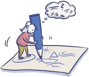 Zu sehen ist die Comicartige Zeichnung. Eine Frau steht auf einem großen Blatt Papier und zeichnet mit einem großen Stift Symbole darauf.